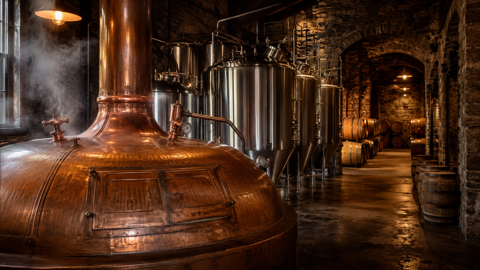 Copper brewing kettle, steel fermentation tanks and oak barrels in a warm stone cellar