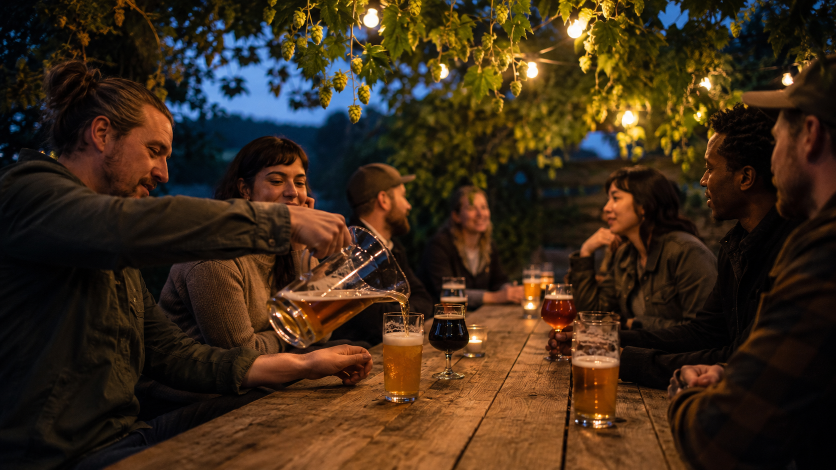Friends sharing different beers at a long wooden table beneath hop vines at twilight